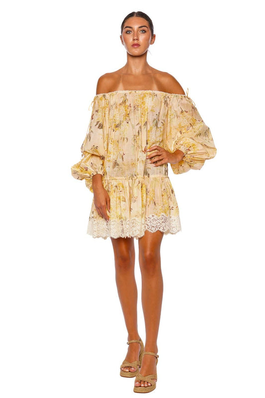 Cascadian Yellow Floral Tiered Mini Dress