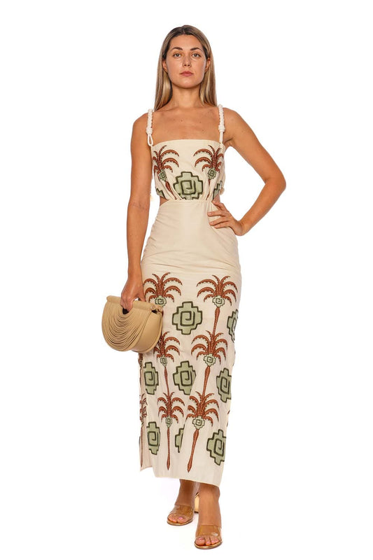 Tributaries Palm Embroidered Ankle Dress