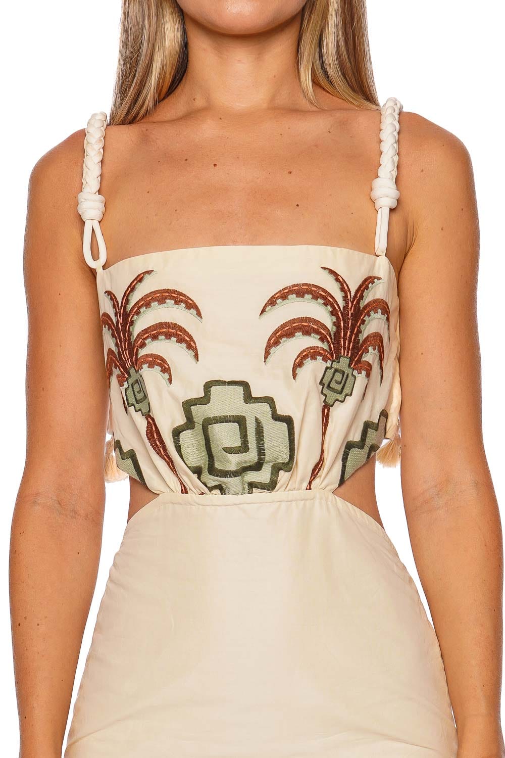 Tributaries Palm Embroidered Ankle Dress