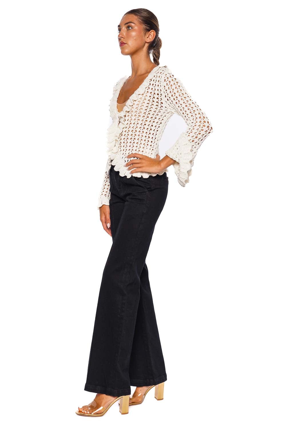 Solaris Ivory Scalloped Ruffle Crochet Cardigan