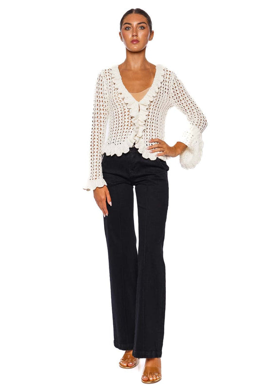 Solaris Ivory Scalloped Ruffle Crochet Cardigan