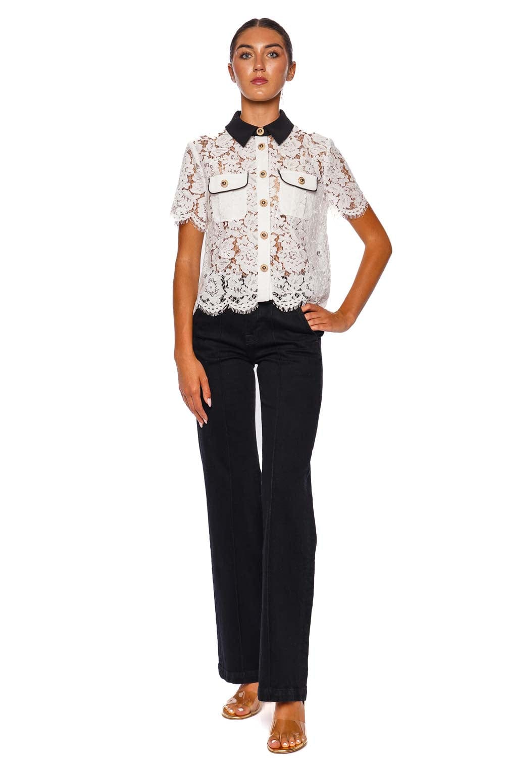 White Lace Contrast Collar Top