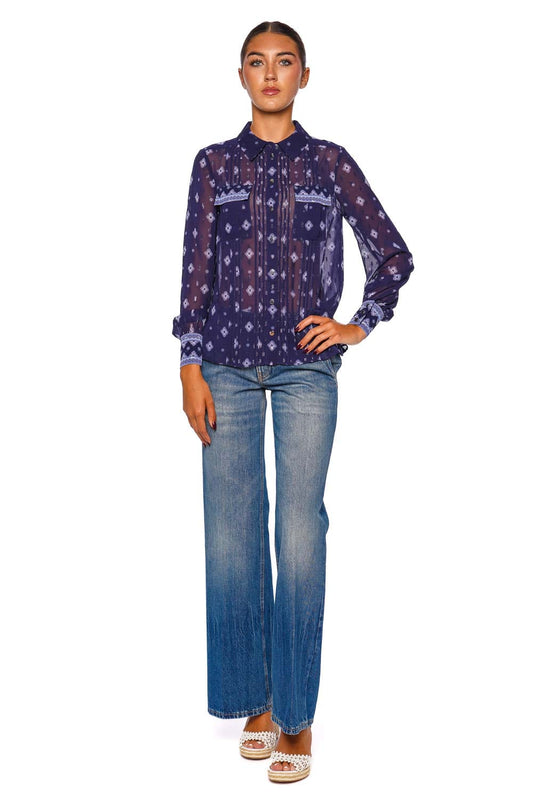 Navy Printed Chiffon Long Sleeve Blouse
