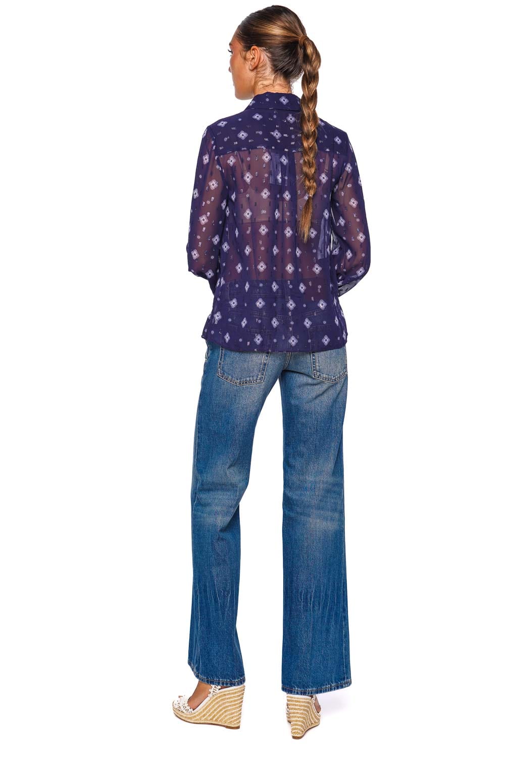 Navy Printed Chiffon Long Sleeve Blouse