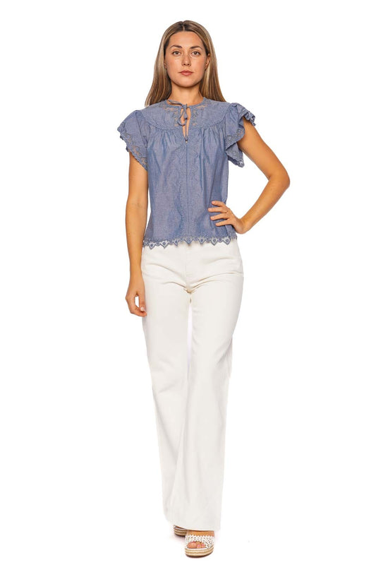 Effie Chambray Flutter Sleeve Top