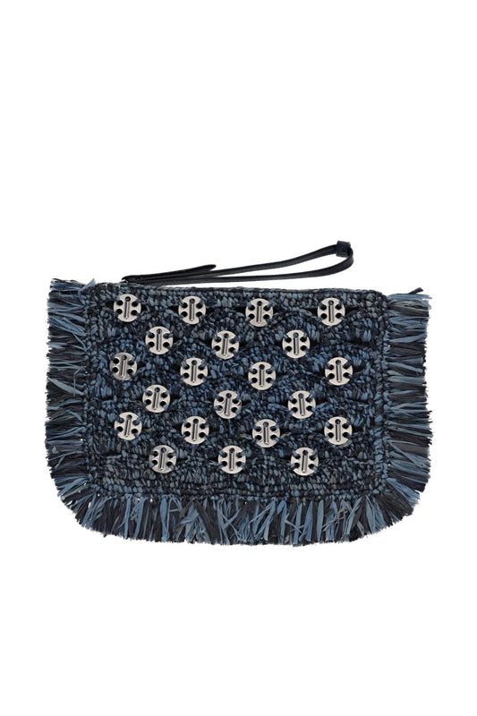 Blue Denim Raffia Pochette Clutch
