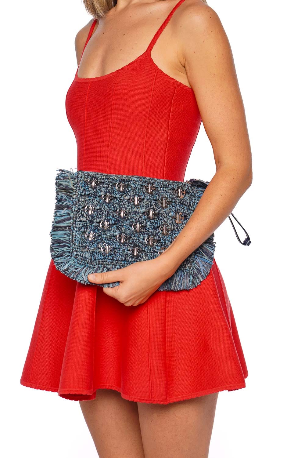 Blue Denim Raffia Pochette Clutch