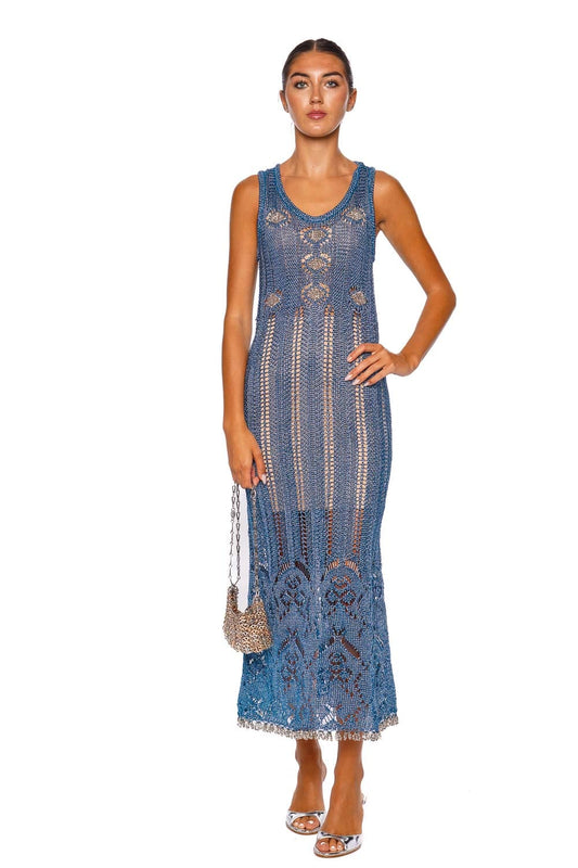 Turquoise Metallic Crochet Fringe Maxi Dress