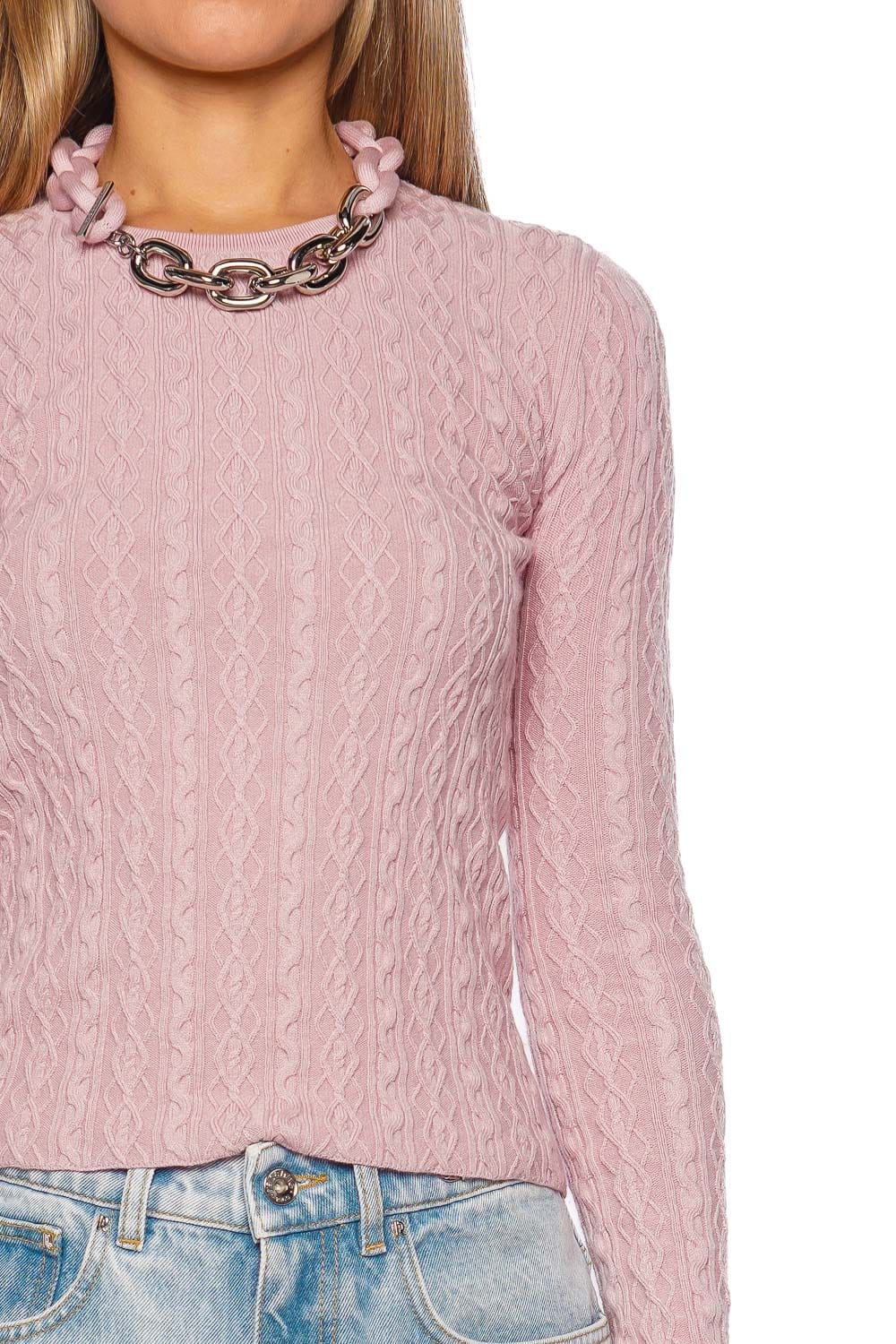 Pink Cable Knit Chain Necklace Sweater