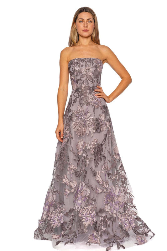 Lilac Silver Floral Embroidered Strapless Gown