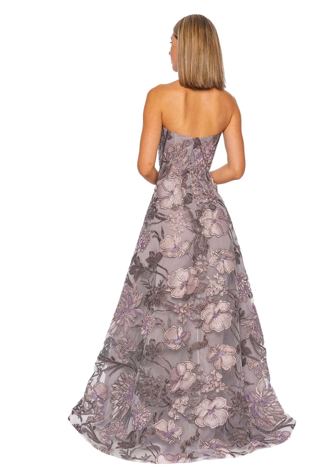 Lilac Silver Floral Embroidered Strapless Gown