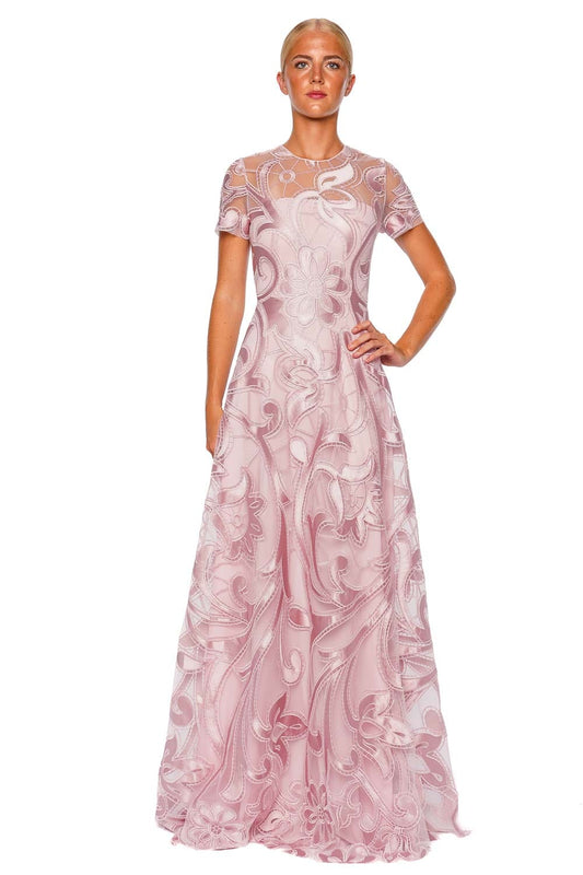 Pink Embroidered Ribbon Cap Sleeve Gown