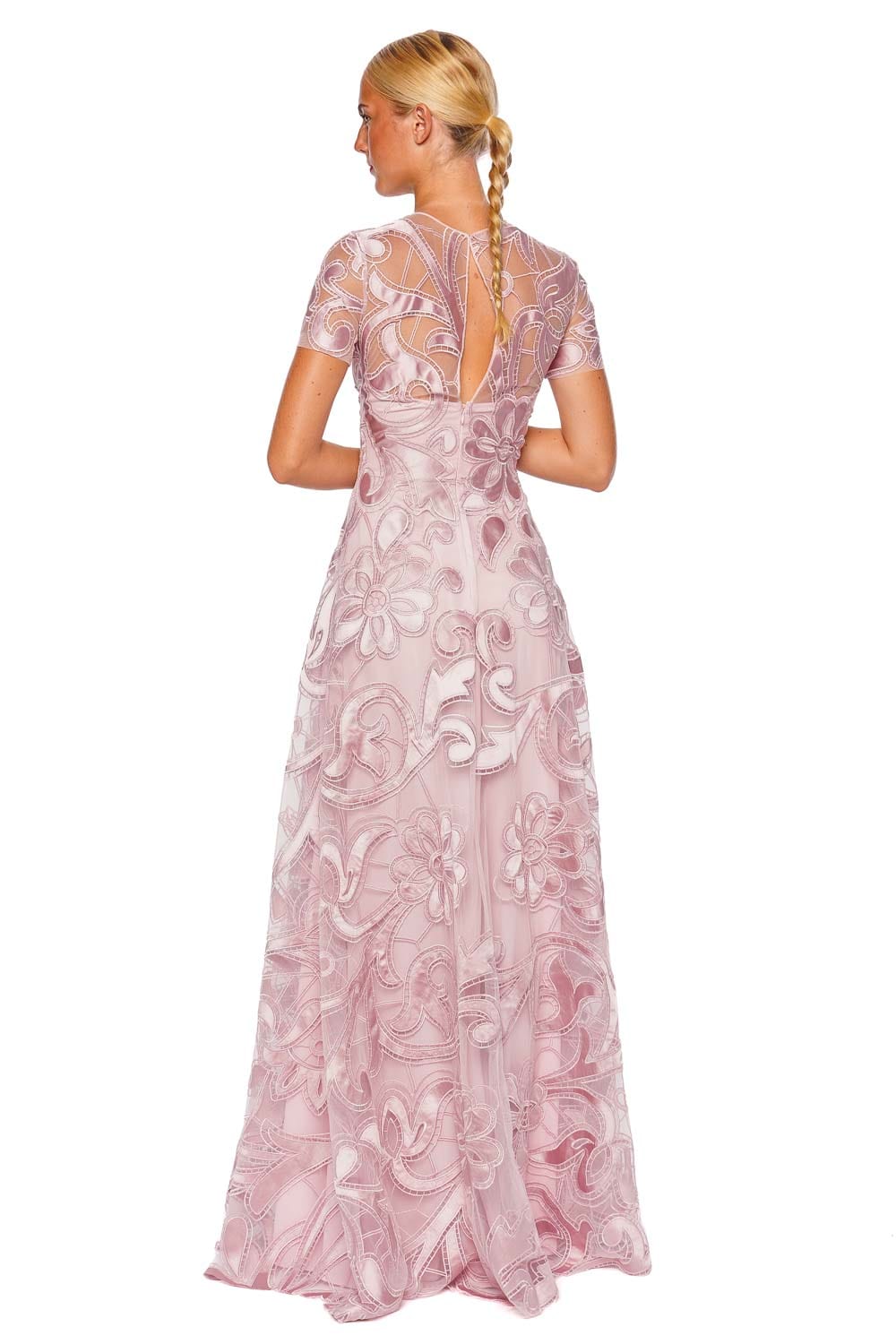 Pink Embroidered Ribbon Cap Sleeve Gown