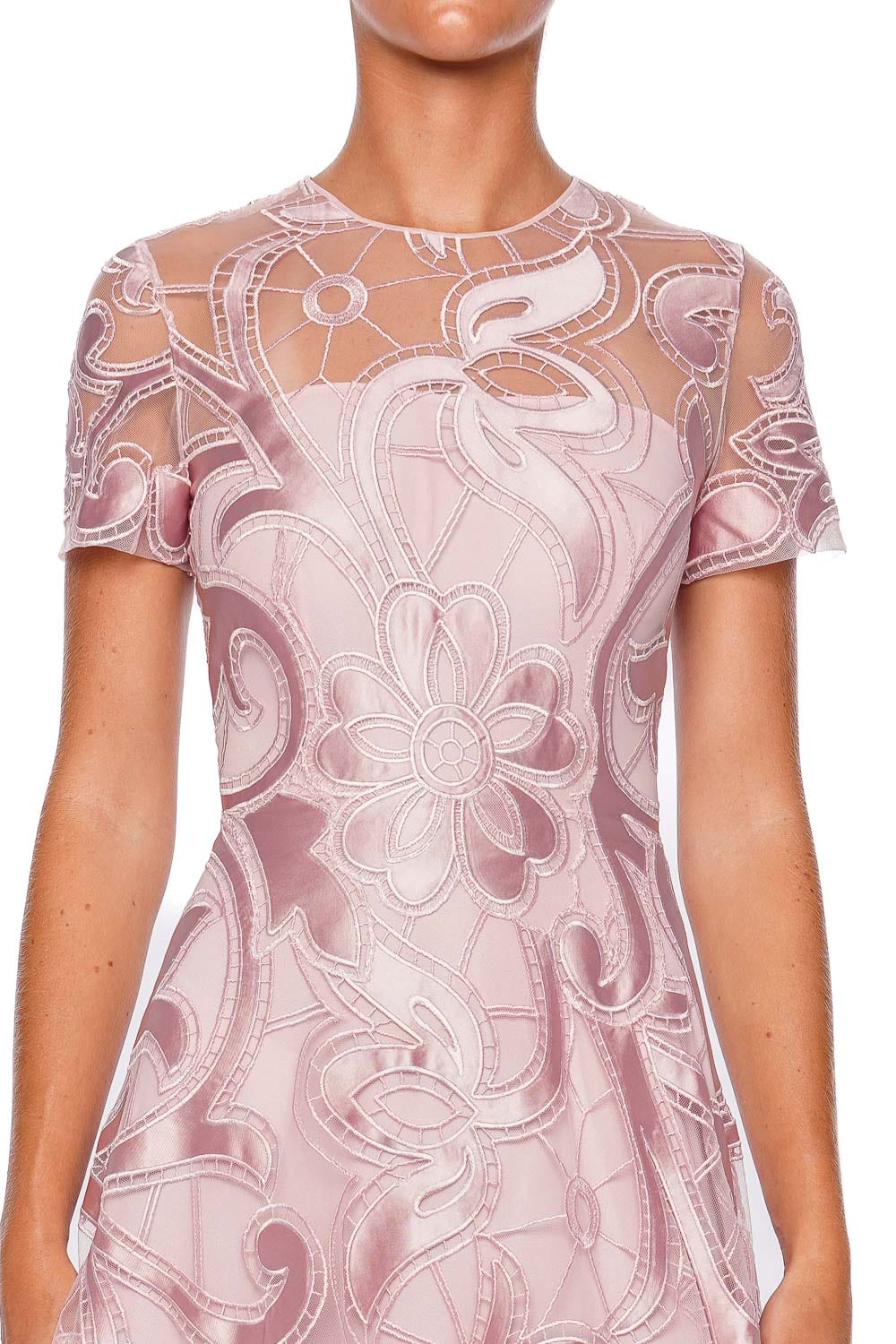 Pink Embroidered Ribbon Cap Sleeve Gown