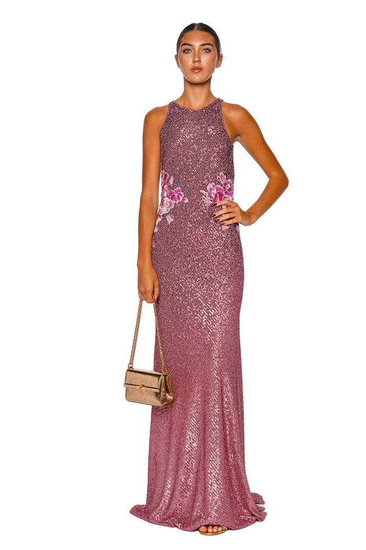 Pink Floral Stretch Sequin Gown
