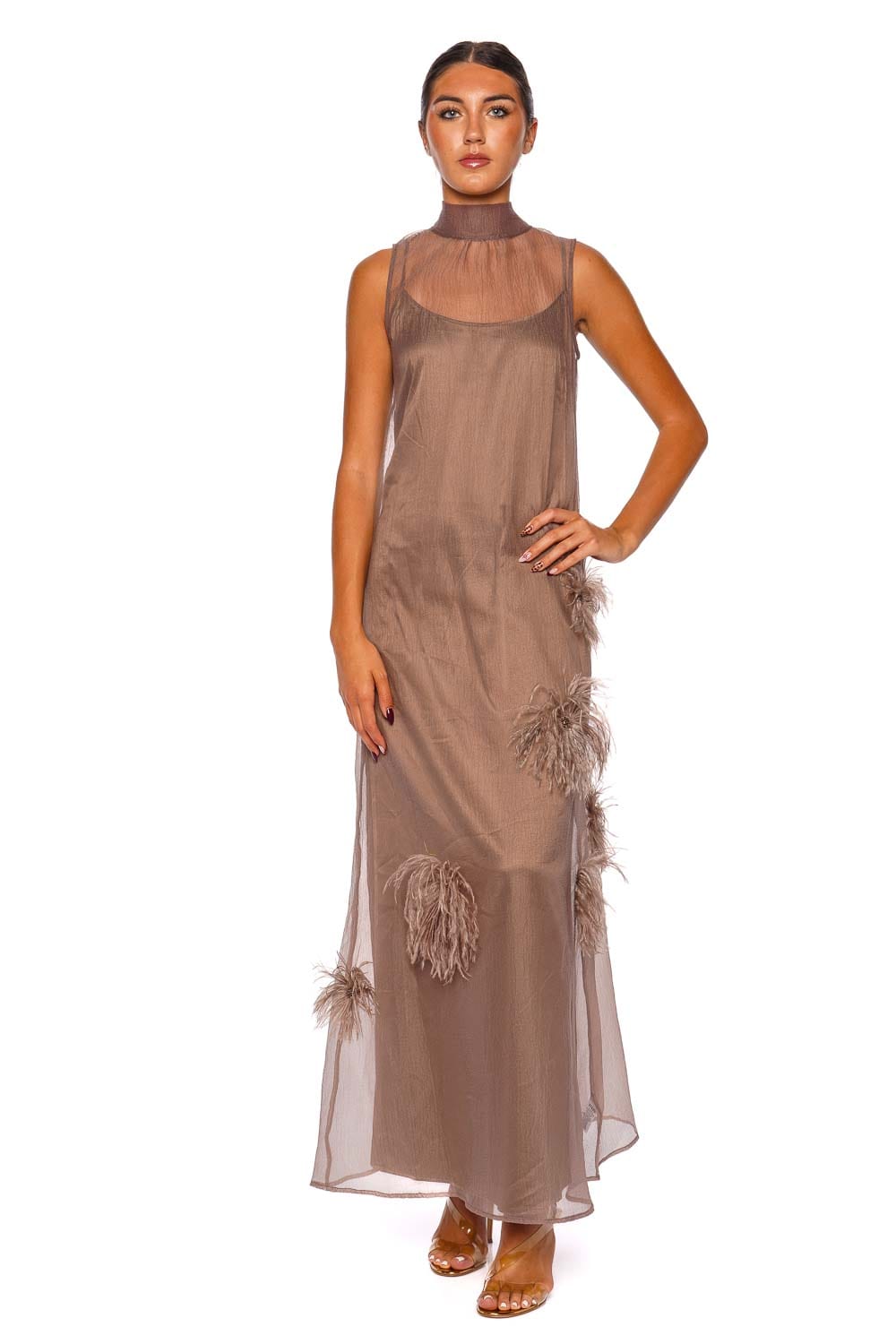 Albee Truffle High Neck Feathered Maxi Dress
