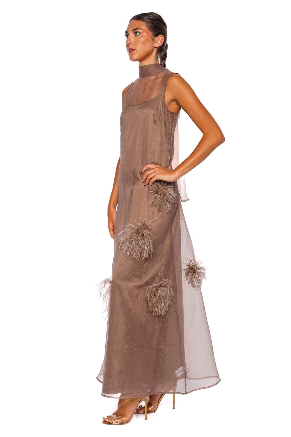 Albee Truffle High Neck Feathered Maxi Dress