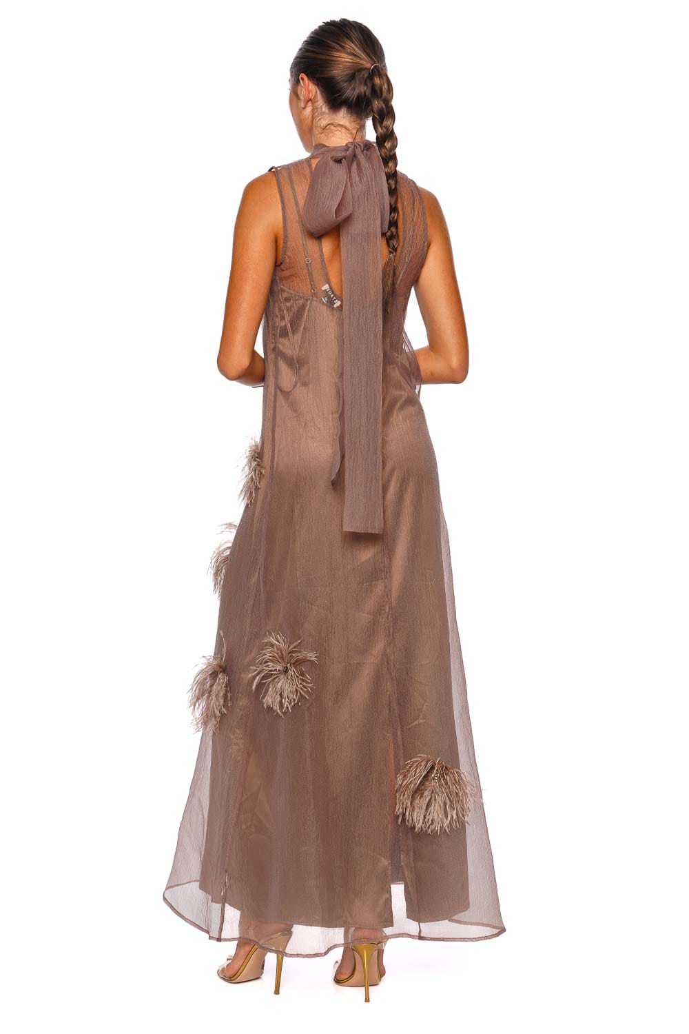 Albee Truffle High Neck Feathered Maxi Dress