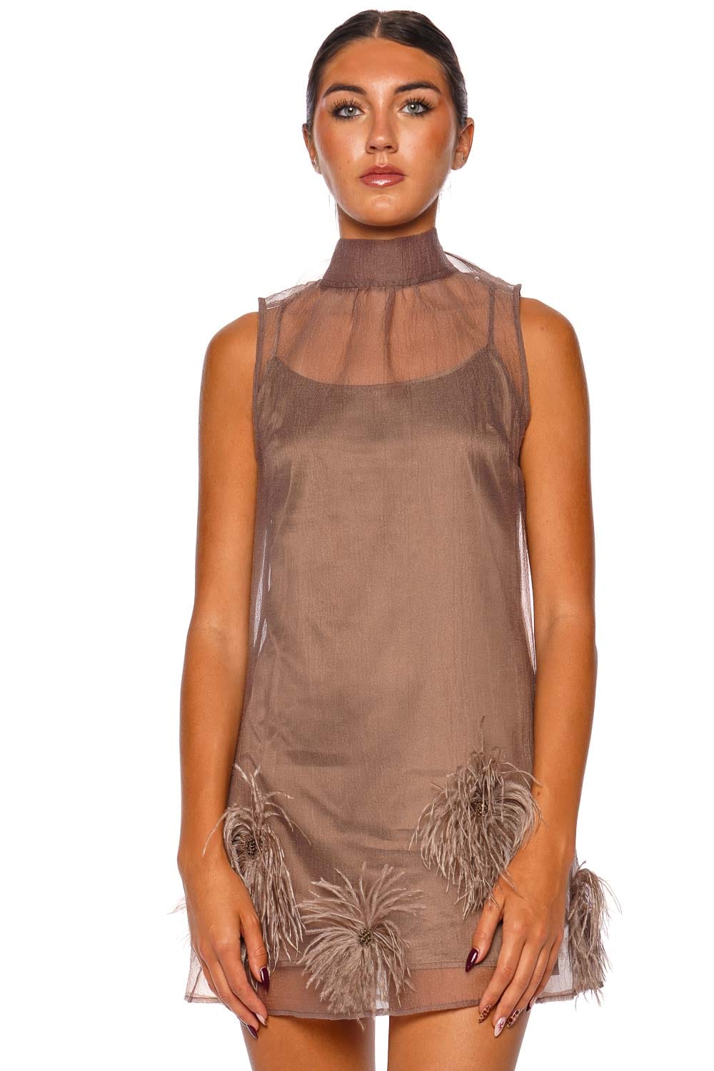 Albee Truffle High Neck Feathered Mini Dress