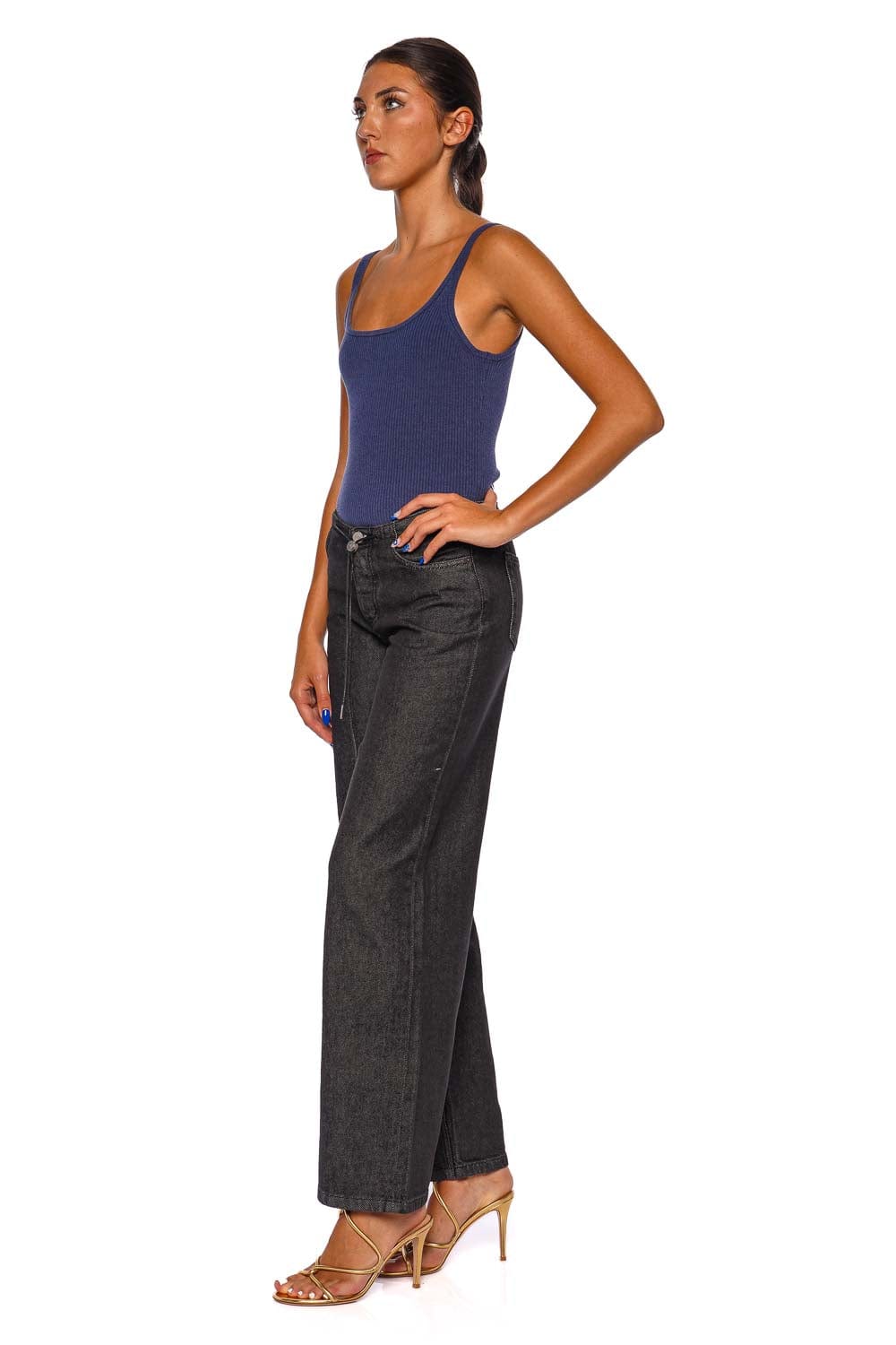 Cool Washed Black Low Rise Drawstring Jean