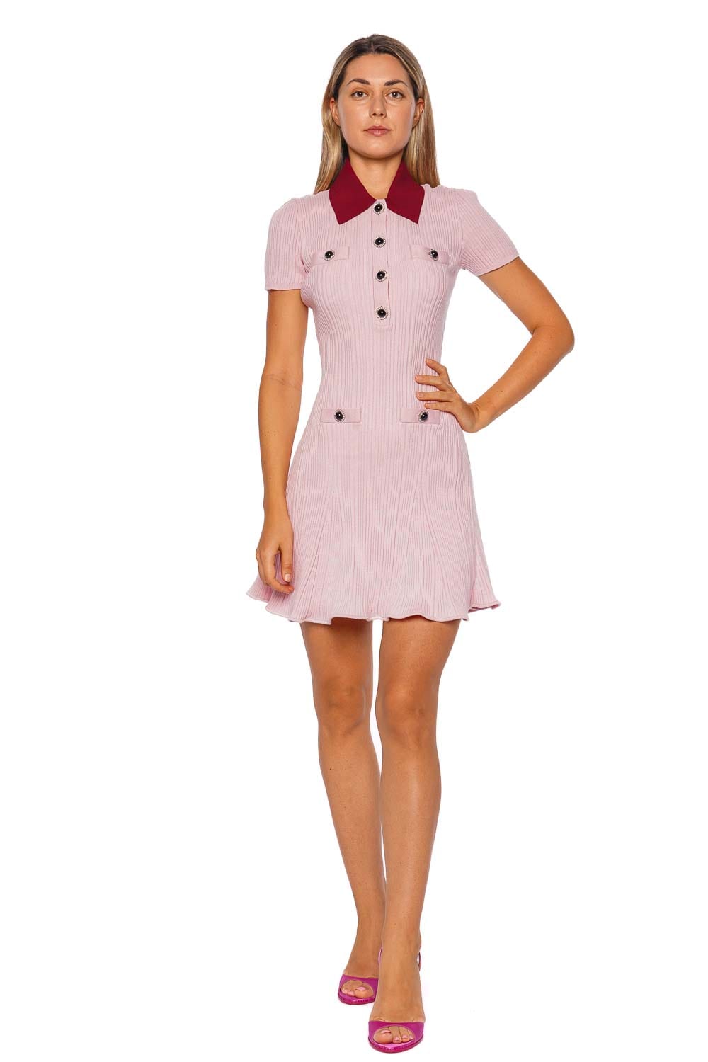 Pink Contrast Collar Knit Mini Dress
