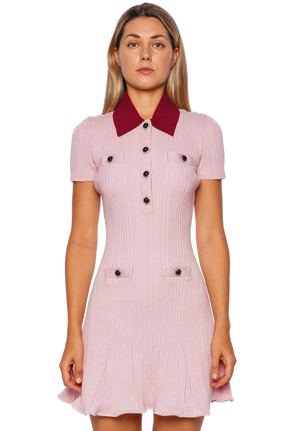 Pink Contrast Collar Knit Mini Dress