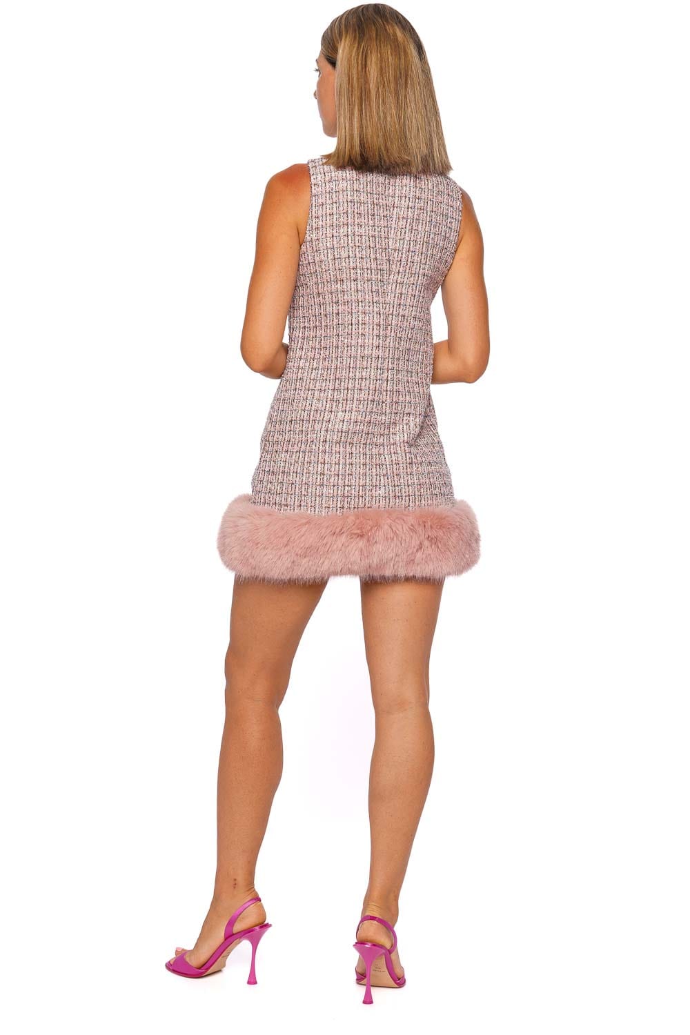Pink Boucle Fur Trim Mini Dress