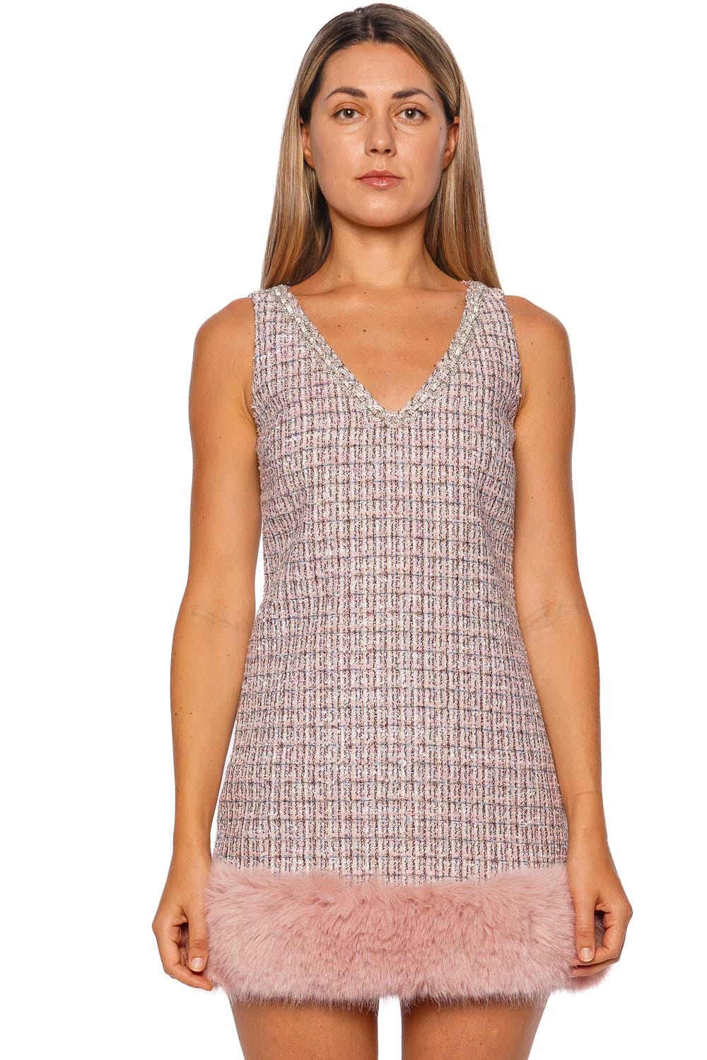Pink Boucle Fur Trim Mini Dress