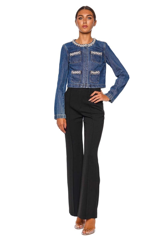 Crystal Trim Cropped Denim Jacket