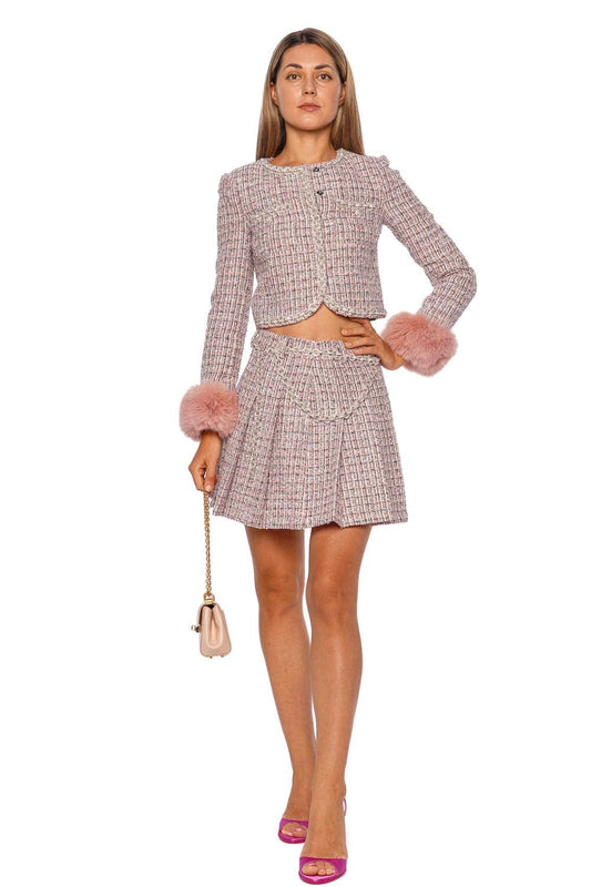 Pink Boucle Crystal Belt Mini Skirt
