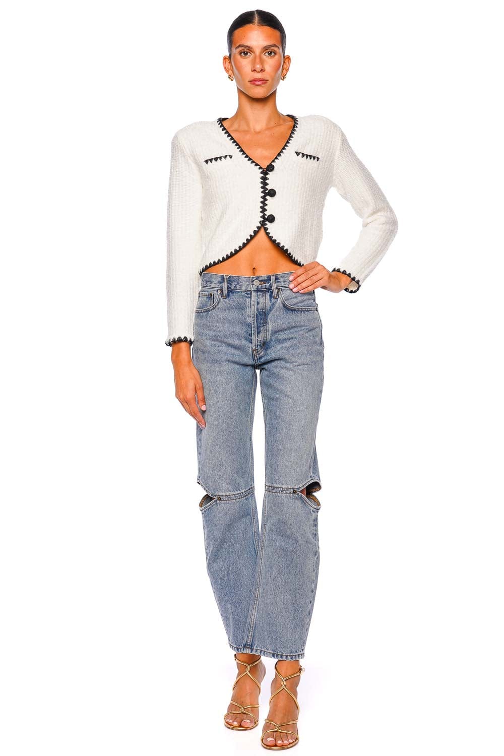 Anaya Contrast Crochet Cropped Knit Cardigan