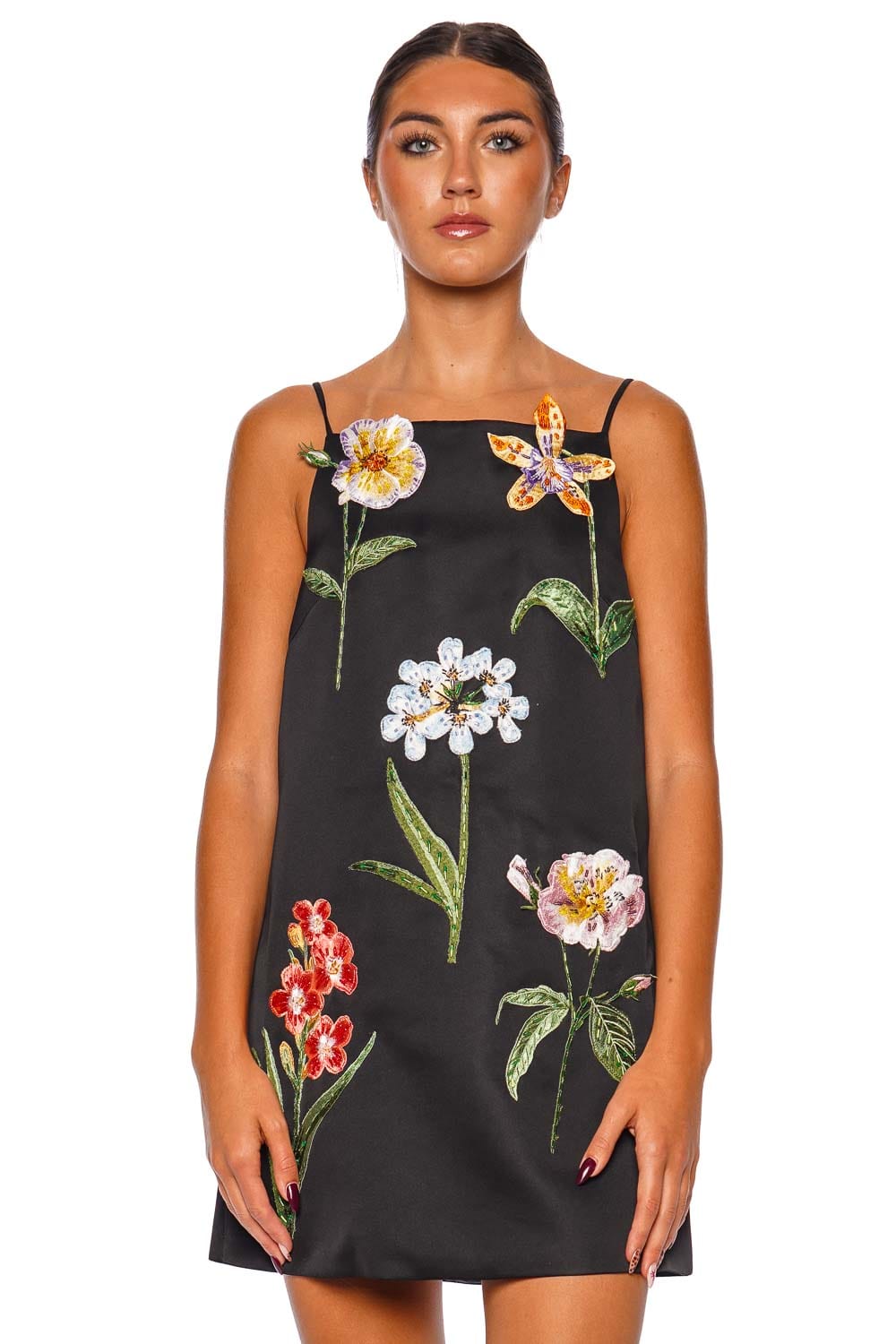 Leia Ebony Botanical Embroidered Mini Dress