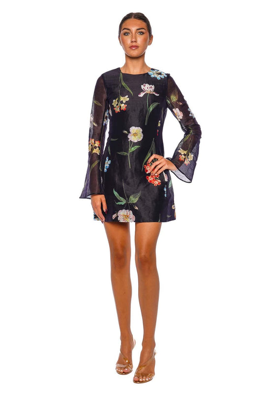 Suzanne Ebony Botanical Bell Sleeve Mini Dress