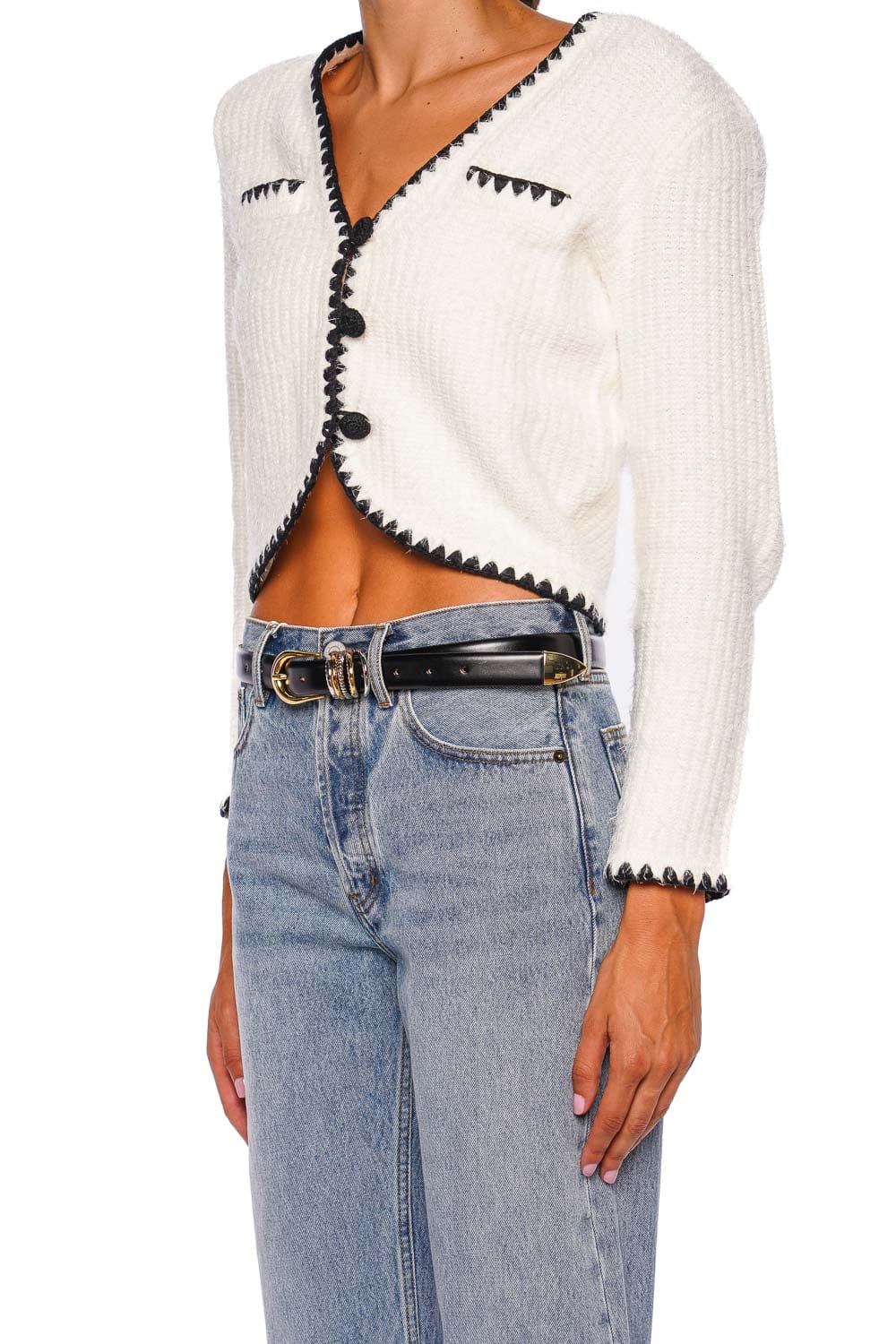 Hollyhock Mixed Metal Jewel Black Leather Belt