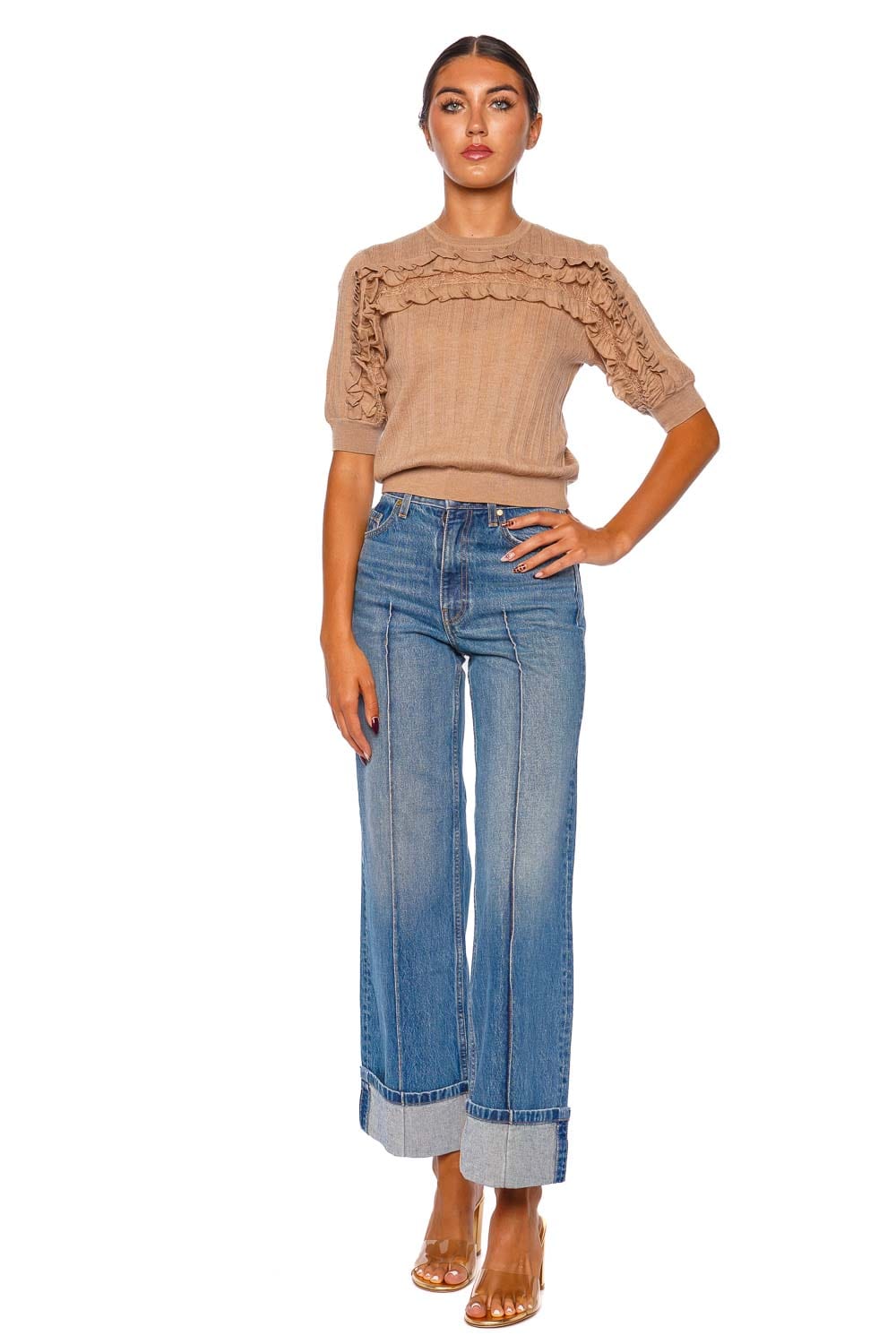 Salima Camel Ruffled Lace Knit Top