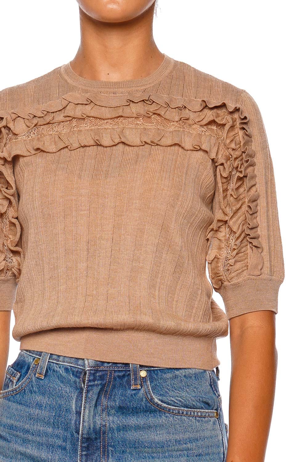 Salima Camel Ruffled Lace Knit Top