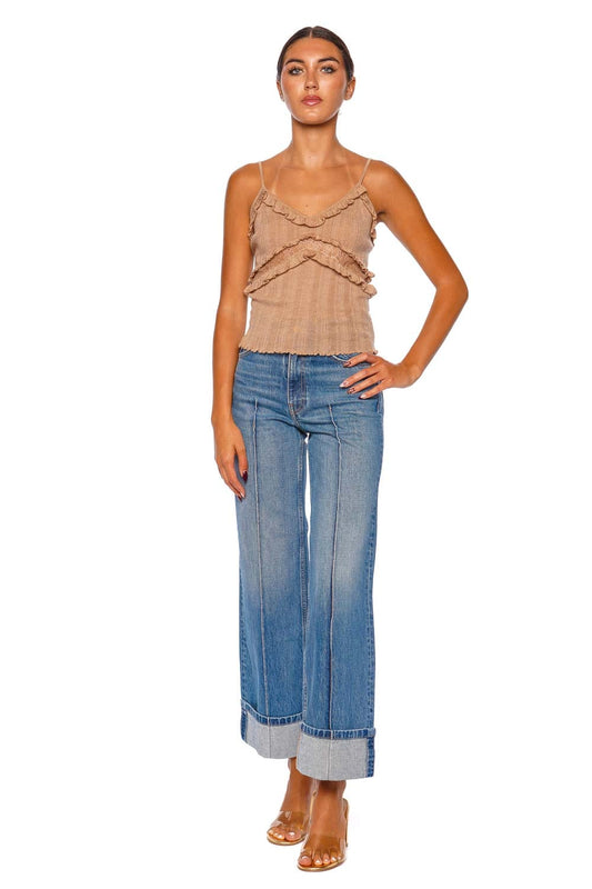 Anthia Camel Ruffled Lace Knit Cami Top