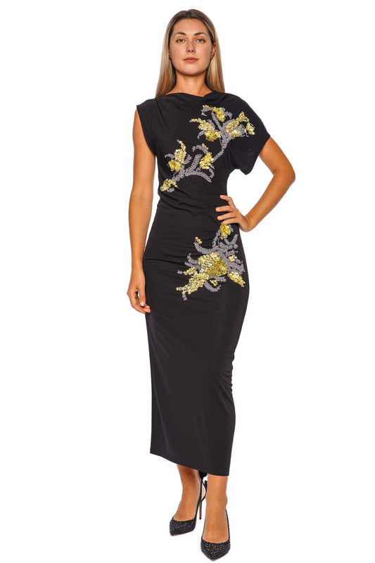 Floral Embroidered Jersey Off Shoulder Midi Dress