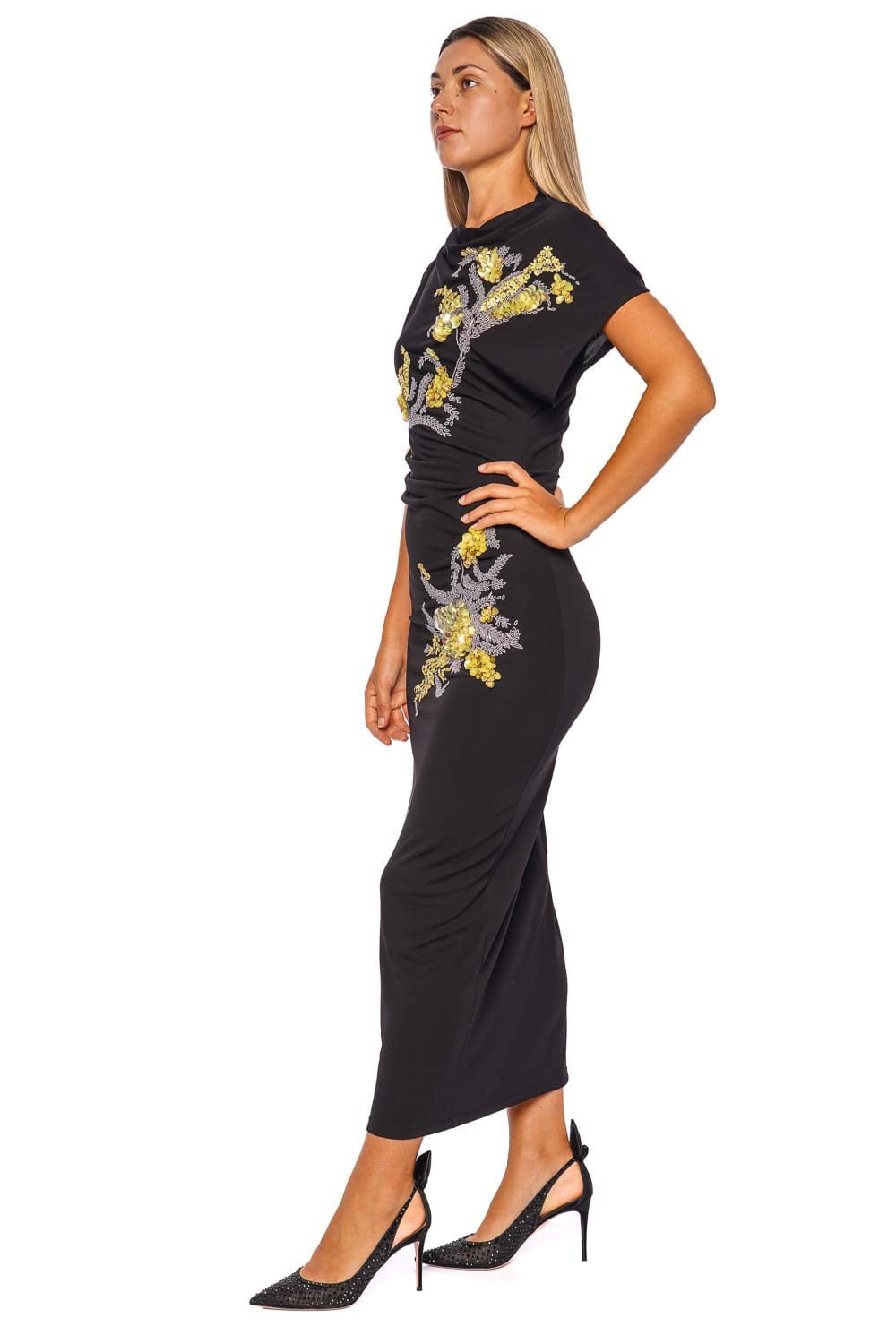 Floral Embroidered Jersey Off Shoulder Midi Dress