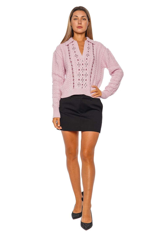 Quartz Rose Cable Knit Long Sleeve Polo Top