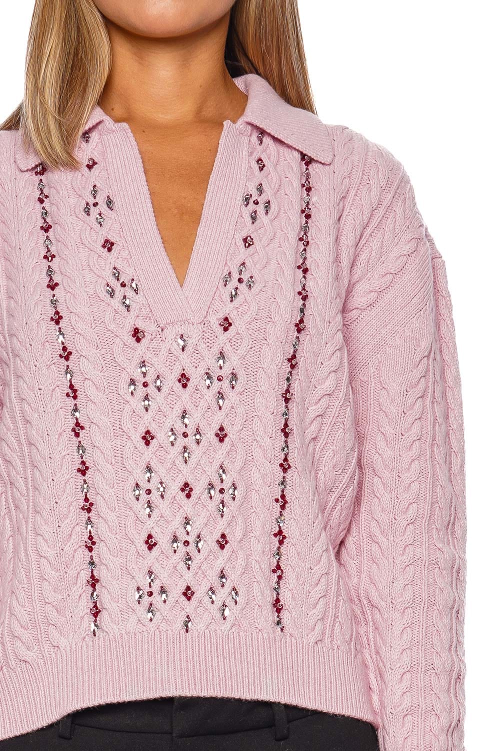 Quartz Rose Cable Knit Long Sleeve Polo Top