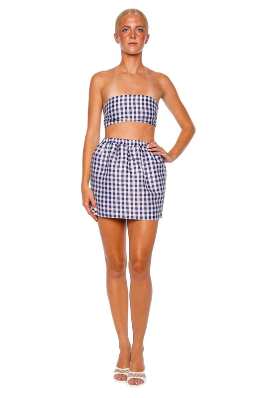 Navy Gingham Taffeta Mini Skirt