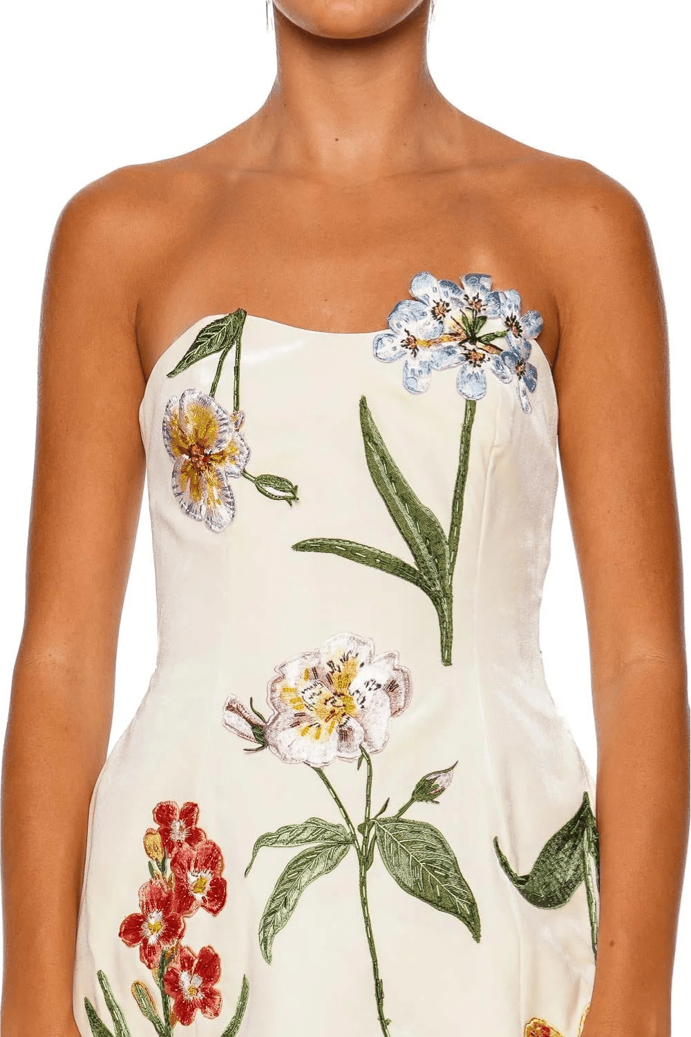 Rosario White Botanical Strapless Velvet Mini Dress