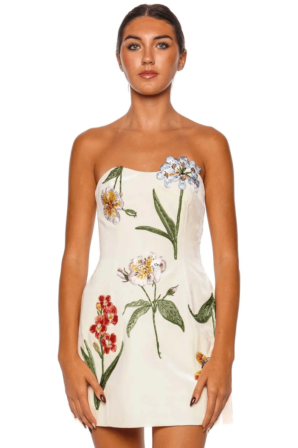 Rosario White Botanical Strapless Velvet Mini Dress