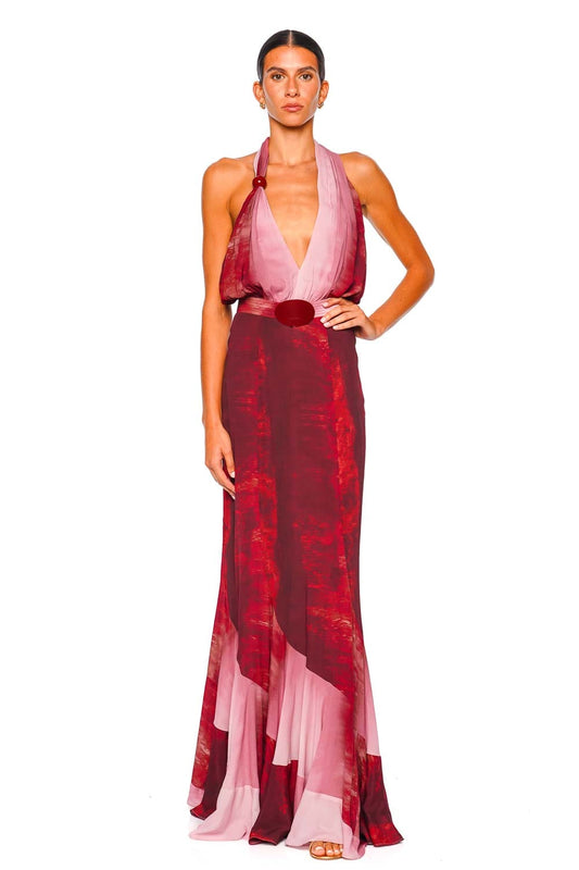 Raisa Degraded Red Halter Maxi Dress