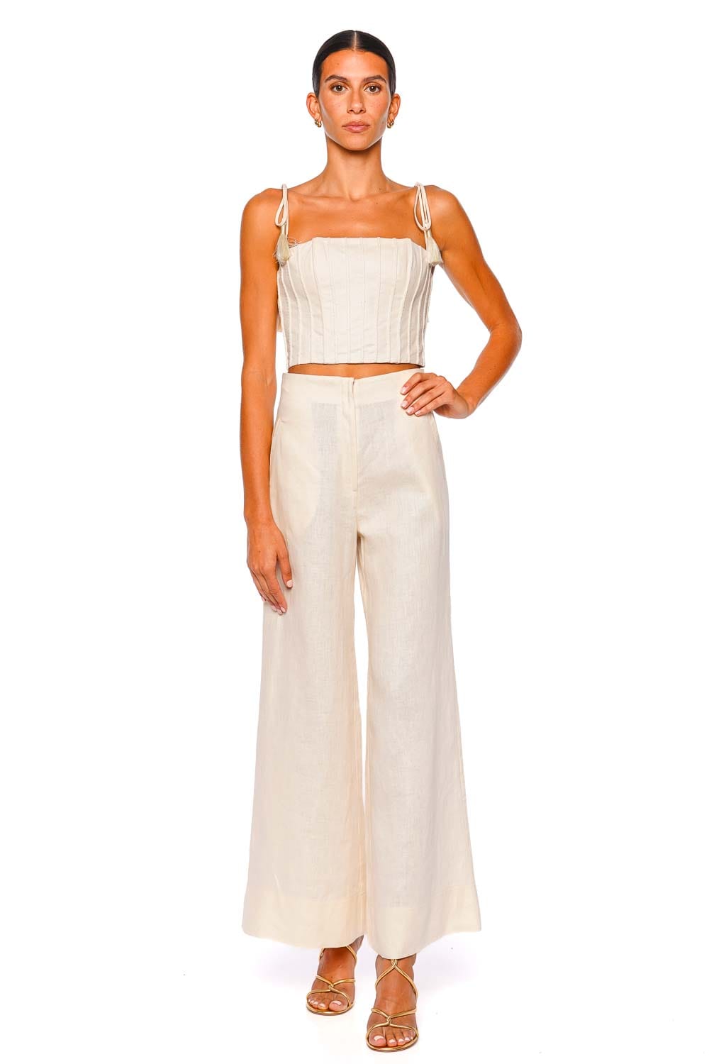Quedate Ivory Tie Shoulder Crop Top