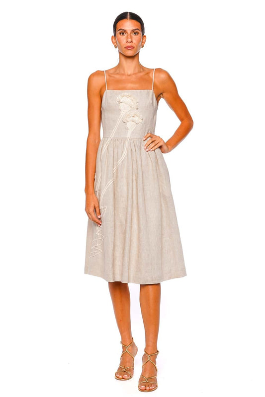 Del Corazon Floral Embellished Linen Midi Dress