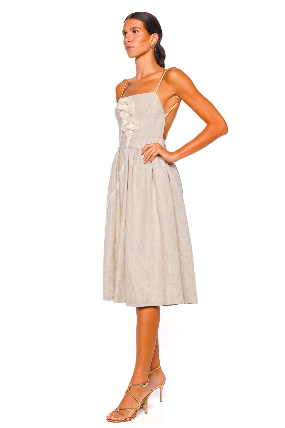 Del Corazon Floral Embellished Linen Midi Dress