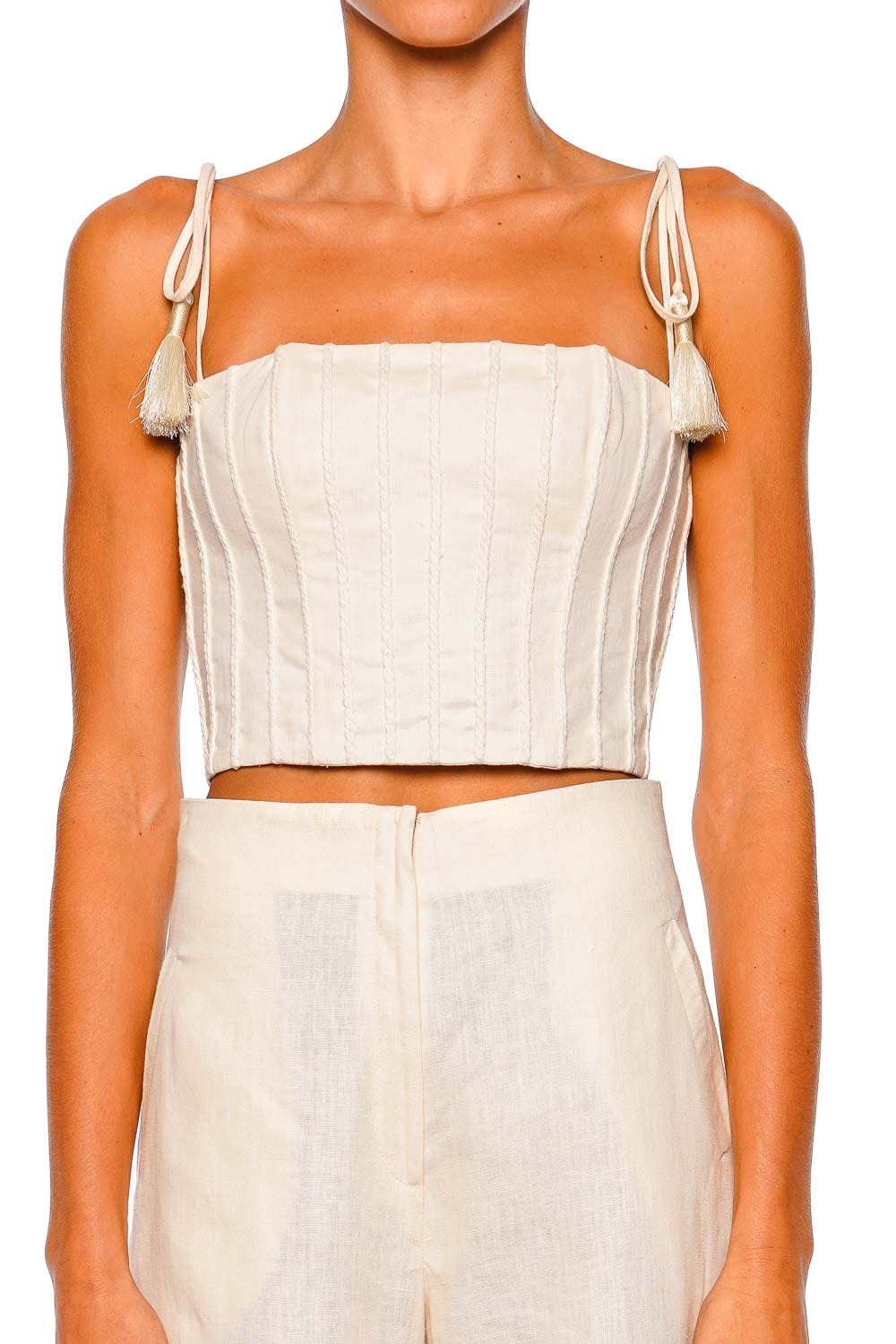 Quedate Ivory Tie Shoulder Crop Top