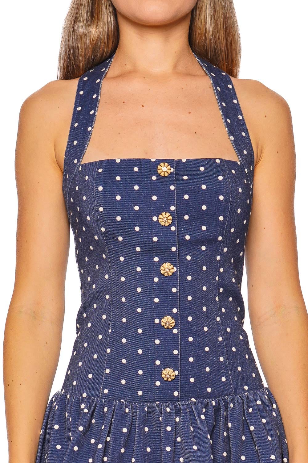 Felicity Dot Denim Halter Mini Dress